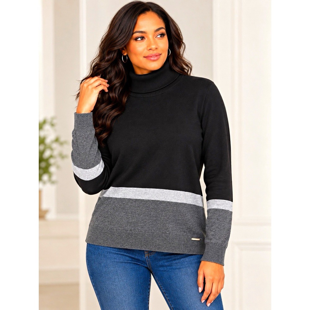 Calvin Klein Women's XL Black Gray White Colorblock Turtleneck Knit Pullover